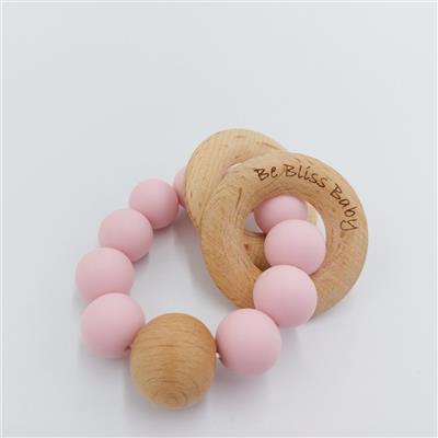 Wood Rattle Silicone Baby Teether Ring - Dusty Pink - Be Bliss Baby