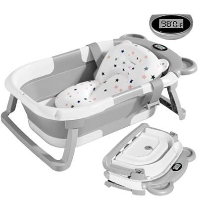 TPN Collapsible Baby Bathtub for Infants to Toddler with Real-time Temp Monitor+Floating Cushion,Foldable Baby Bath Tub Set Applicable 0-36 Month,Perf