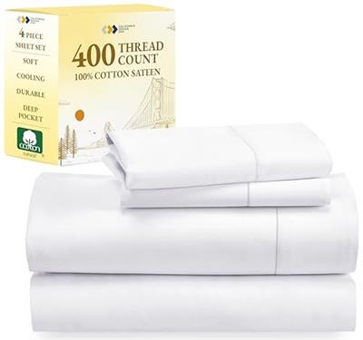 California Design Den 100% Cotton Sheets Queen Size Bed Set, 400 Thread Count Sateen, Deep Pocket Queen Sheets, Extra Soft 4-Pc Bed Sheets, Wrinkle Re