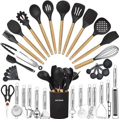 Cooking Utensils Set- 35 PCs Kitchen Utensils with Grater,Tongs, Spoon Spatula &Turner Made of Heat Resistant Food Grade Silicone and Wooden Handles K