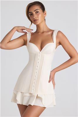 Cassandra Ruffle-Trim Button-Detail Corset Mini Dress in Ivory | Oh Polly