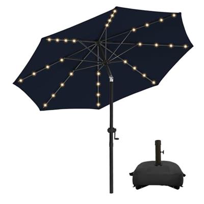 wikiwiki 9FT Solar Led Patio Umbrella with Base, Sturdy Outdoor Market Umbrella for Deck, Pool, Garden w/Tilt, Crank, 32 LED Lights, Navy Blue