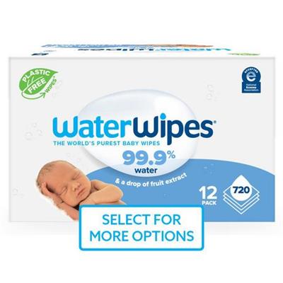 WaterWipes Plastic-Free Original Baby Wipes, 99.9% Water Based Wipes, Unscented, Fragrance-Free & Hypoallergenic for Sensitive Skin, 720 Count (12 pac