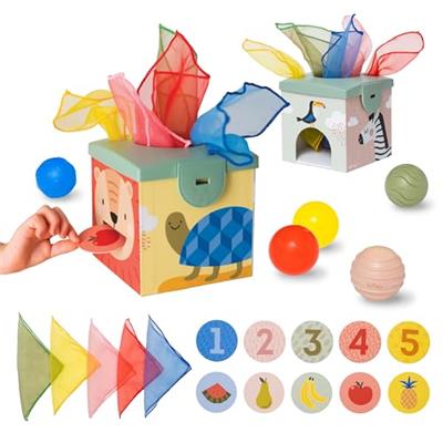 Taf Toys Sensory Baby Tissue Box, Object Permanence Box, Imaginary Play for Infants & Toddlers, Montessori Square Sensory Toys Colorful Pull Scarves,