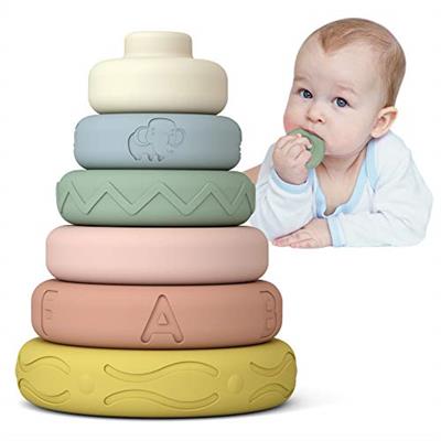 Mini Tudou 6 PCS Baby Stacking & Nesting Toys, Soft Stacking Blocks Ring Stacker, Baby Sensory Teether Toys with Letter, Animal and Shape, Early Learn