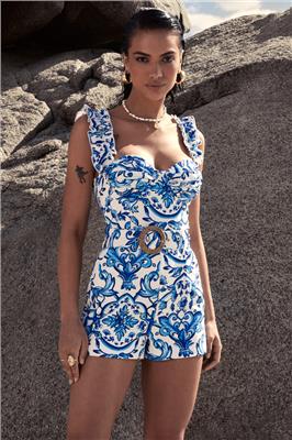 One Day   Blue Porcelain Print Ruffle-Strap Belted Playsuit
      
      
      
      
        – Club L London - UK