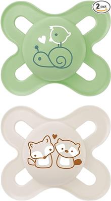 MAM Original Start Soothers 0-2 Months (Pack of 2), Baby Soothers with Self Sterilising Travel Case, Newborn Essentials, White/Green (Designs May Vary