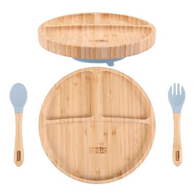 3PCS Bamboo Baby Plate with Silicone Spoon & Fork, Baby Suction Food Plate, All-Natural Baby Plate for Babies & Toddlers, Baby Led Weaning Supplies No