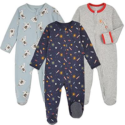 Aablexema Baby Footie Pajama with Mitten Cuffs, Double Zipper Infant Cotton clothes Sleeper Pjs, Footed Sleep Play(Snow & Rocket & Space, 0-3 Months)