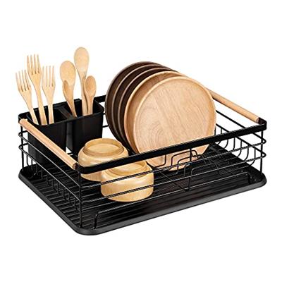Navaris Dish Drainer Rack - Plate, Silverware, Pots and Pans Drying Rack for Kitchen with Beechwood Handles - Modern Retro Design Drip Tray - Black