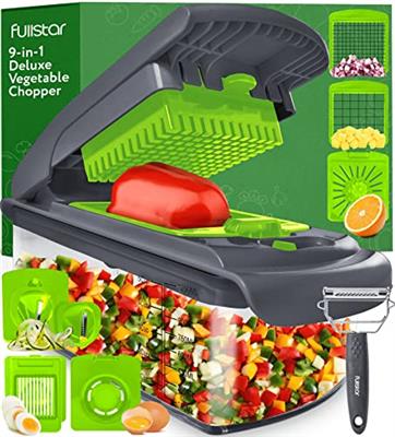 Fullstar Vegetable Chopper - Spiralizer Vegetable Slicer - Onion Chopper with Container - Pro Food Chopper - Slicer Dicer Cutter - (9 in 1, Gray/Green