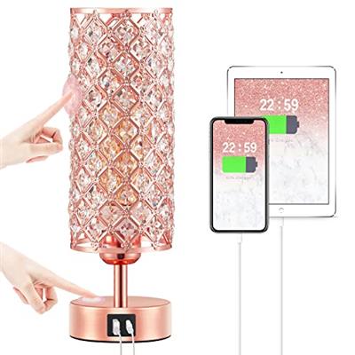 Hong-in Crystal Table Lamp, Rose Gold Lamp with USB C+A Ports, 3 Way Dimmable Touch Lamp with Crystal Shade, Bedside Nightstand Small Lamp for Living