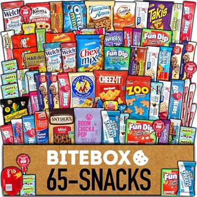 BITEBOX Snack Box (65 Count) Finals Variety Pack Care Package Gift Basket Adult Kid Guy Girl Women Men Birthday College Student Office School