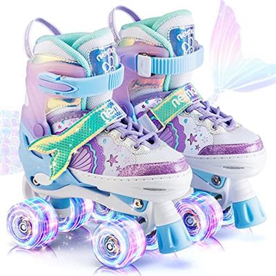 NEMONE Mermaid or Bunny Strawberry 4 Size Adjustable Light up Roller Skates for Girls, Purple Blue Skates for Toddlers, Beginner Kids Roller Skates In