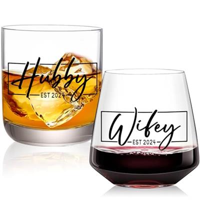 Hubby & Wifey EST 2024 Wedding Glass Set,Unique Wedding Gifts for Couples,Bridal Shower Gifts,Unique Gift for Engagement,Wedding, Newly-Married Annive