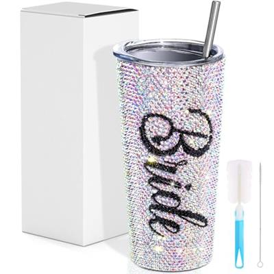 Vesici Bling Diamond Bride Tumbler 20 oz Bridal Insulated Tumbler with straw and lid Bridal Shower Gifts, Wedding Gifts For Bride Engagement Party Bac