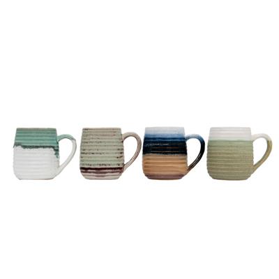 Large Multicolor Stoneware Mugs with Ribbed Sides (Set of 4 Colors)