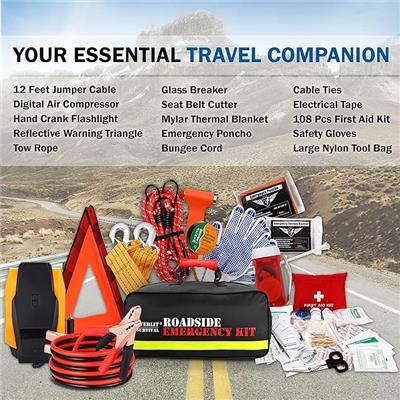 Amazon.com: Everlit Survival Car Emergency Kit, Roadside Safety Tool Kit with Gloves,Digital Auto Air Compressor Tire Inflator, First Aid Kit, 12 Feet