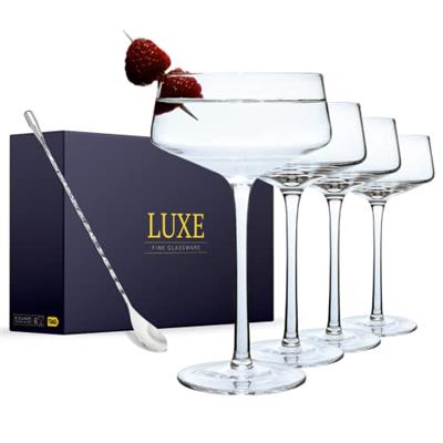 TAG Store Luxe Martini Glasses - Set of 4 Handblown Crystal Cocktail Glasses with Bar Spoon