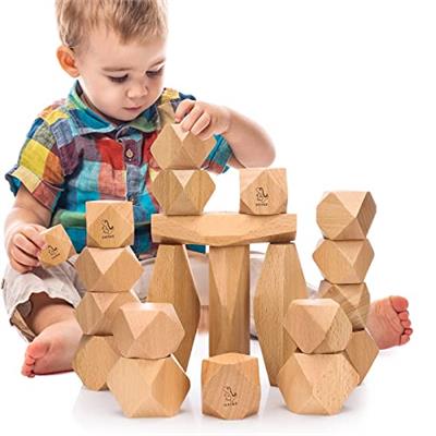 oathx Montessori Toys Stacking Rocks Wooden Blocks Building Preschool Balancing Stones for Toddlers 1-3 Girls Boys Sensory Natural Wood 20pcs Large Si