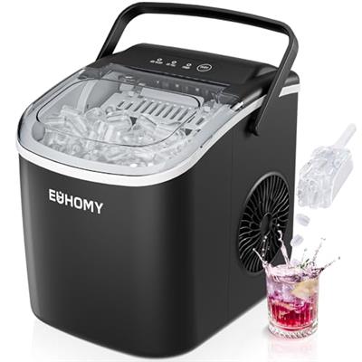 EUHOMY Countertop Ice Maker Machine with Handle, 26lbs in 24Hrs, 9 Ice Cubes Ready in 6 Mins, Auto-Cleaning Portable Ice Maker with Basket and Scoop,