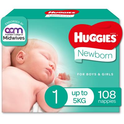 Huggies Newborn Nappies Size 1 (up to 5kg) 108 Pack | BIG W