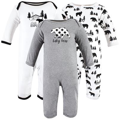 Hudson Baby 3-Pack Cotton Coveralls, Baby Bear Gray Black