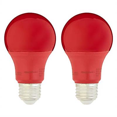 Amazon Basics A19 Red Color Party LED Light Bulb, 60 Watt Equivalent, Energy Efficient 9W, E26 Standard Base, Non-Dimmable, 10,000 Hour Lifetime , 2-P