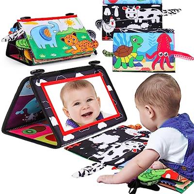Baby Mirror Tummy Time Toy with Crinkle Cloth Book for Infants 0-3 Months High Contrast Newborn Sensory Toy for Baby 3-6 Months Black and White Toy fo