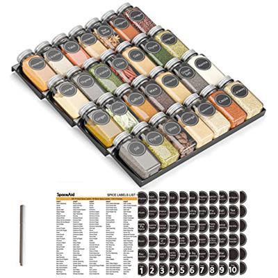SpaceAid Spice Drawer Organizer with 28 Spice Jars, 386 Spice Labels, 4 Tier Seasoning Rack Tray Insert for Kitchen Drawers, 13 Wide x 17.5 Deep
