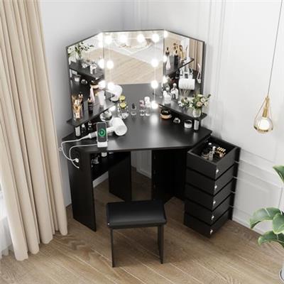 PullaFun Corner Makeup Vanity Desk with Lights & Power Outlet - Spacious Tri-Folding Mirror, 5 Rotating Drawers, Adjustable Brightness, Ample Storage,