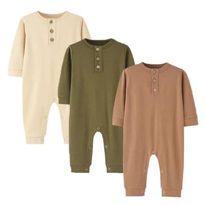 Bafeicao 3 Pack Unisex Newborn Baby Boy Girl Rompers Cotton Long Sleeve Button Jumpsuit One-Piece Clothes Outfits,beige,green,brown,3-6M