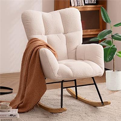 NIOIIKIT Nursery Rocking Chair Teddy Upholstered Glider Rocker Rocking Accent Chair Padded Seat with High Backrest Armchair Comfy Side Chair for Livin