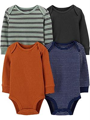 Simple Joys by Carters Unisex Babies Long-Sleeve Thermal Bodysuits, Pack of 4, Black/Green Stripe/Navy/Rust, 0-3 Months
