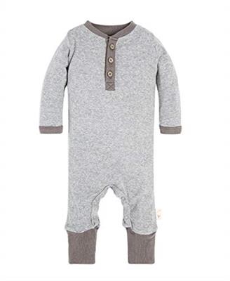 Burts Bees Baby baby-boys Romper Jumpsuit, 100% Organic Cotton One-piece Coverall and Toddler Footie, Heather Grey Elbow Patch Henley, Newborn US