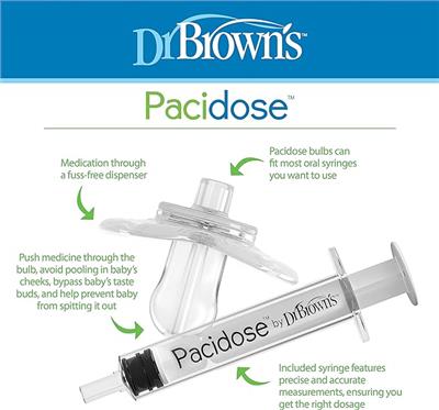 Amazon.com: Dr. Browns Pacidose Pacifier and Liquid Baby Medicine Dispenser with Oral Syringe and Two Sizes of Pacifier Bulbs - 0-6m and 6-18m : Baby