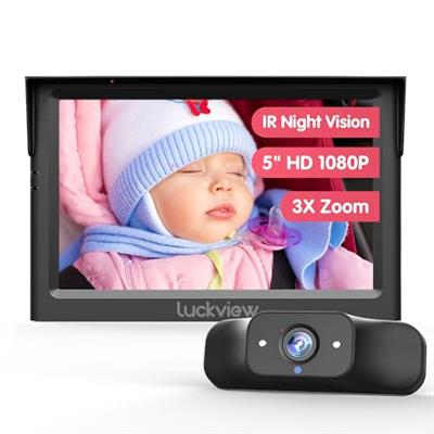 LUCKVIEW BM1 Baby Car Camera, 5 1080P Mirror Monitor with IR Night Vision, 3X Zoom in Closer, Full Crystal Clear View for Back Seat Rear Facing, 5 M