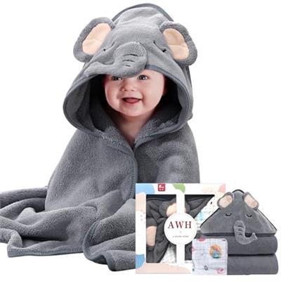 ZXK CO Hooded Baby Bath Towel, Absorbent Baby Towel with Elephant Hood, Flannels Baby Blanket Set with Baby Muslin Squares, New Born Baby Essentials,