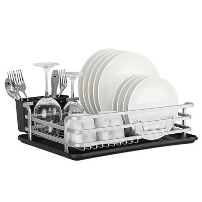 Aluminum Dish Drying Rack with Cutlery Holder, Silver
