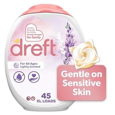 Dreft Laundry Detergent Pacs, HE Compatible, Lightly Scented, Lavender, 45 Count