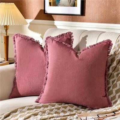 AmHoo Pack of 2 Linen Pillow Covers with Tassels Fringed Decorative Rustic Natural Throw Pillowcase Cushion for Couch Sofa Bedroom 20 x 20-Inch Dusty