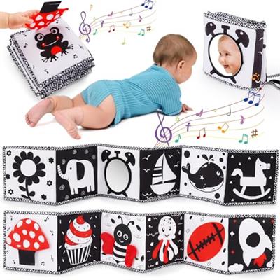 Black and White High Contrast Toys for Baby 0-3 3-6 Months Infant Tummy Time Soft Book Sensory Musical Toy 0-2-4-6 Month Babies Brain Development Mont