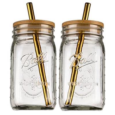 Reusable Boba Bubble Tea & Smoothie Cups - 2 Glass Wide Mouth 32oz Mason Jars with Bamboo Lids - 2 Reusable Gold Stainless Steel Boba Straws