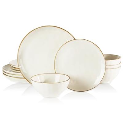 Famiware Dinnerware Sets for 4, Ocean Round 12-Piece Kitchen Plates and Bowls Sets, Microwave and Dishwasher Safe, Scratch Resistant, Vanilla White