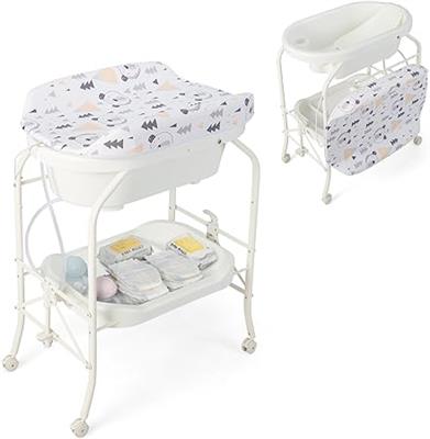 COSTWAY 4 in 1 Baby Changing Table, Folding Infant Nursery Station with Bath Tub, 4 Universal Wheels, PVC Pad and Storage Tray, Portable Newborn Massa