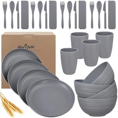 Wheat Straw Dinnerware Sets, 28PCS Plastic Plates and Bowls Sets College Dorm Room Essentials Dishes Set with Cutlery Set Microwave Safe (Gray)