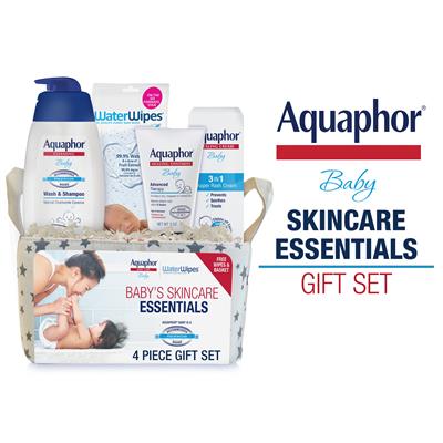 Aquaphor Baby Skincare Essentials With WaterWipes, 4 Piece Baby Gift Set - Aquaphor Baby Wash & Shampoo, Aquaphor Baby Healing Ointment, and Aquaphor