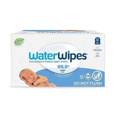 WaterWipes Plastic-Free Original Baby Wipes, 99.9% Water Based Wipes, Unscented & Hypoallergenic for Sensitive Skin, 60 Count (Pack of 12), Packaging