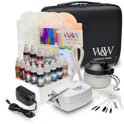 Watson & Webb Airbrush Cake Decorating Kit Airbrush Plus 13 Colours, Stencils, Cleaning Station & Black Case
