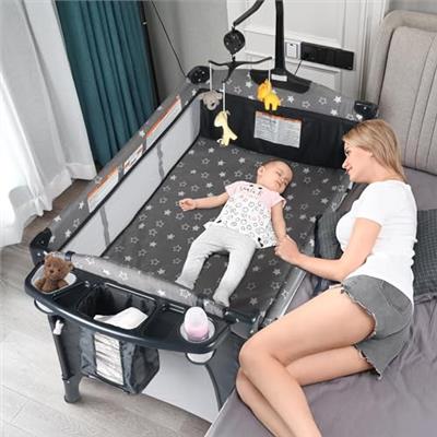 BIUSIKAN Bedside Bassinet for Baby, Baby Bassinet with Diaper Changer, Mattress, Mosquito Net, Portable Crib for Baby, 5 in 1 Baby Bedside Sleeper, Pa